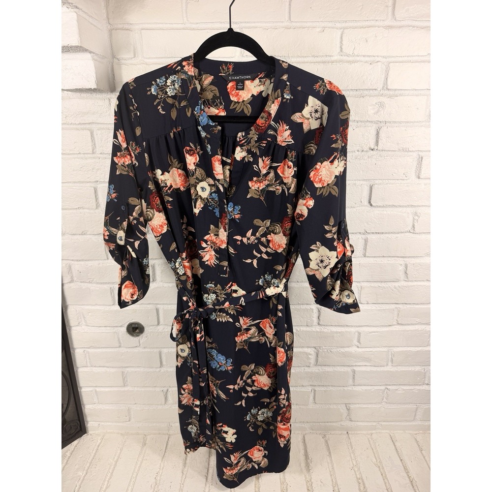 41 Hawthorn L Petite Navy Floral Shirt Dress Belted Roll Tab Sleeve Stitch Fix